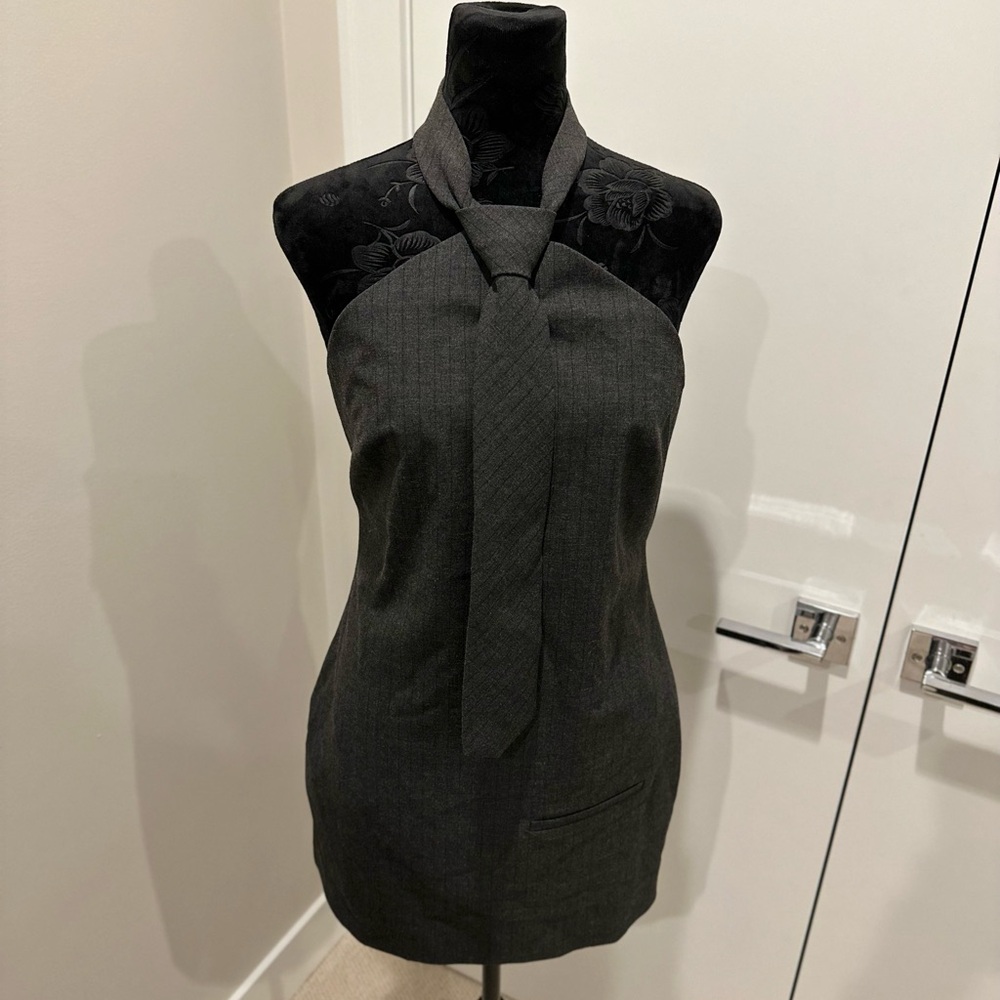 Zara Suit Tie Halter Dress in Gray Pinstripe | Size M
